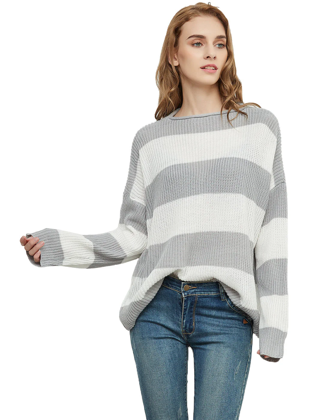 Striped Knitted Sweater Crew Neck Long Sleeve Casual Comfy Pullover Tops - Image 14
