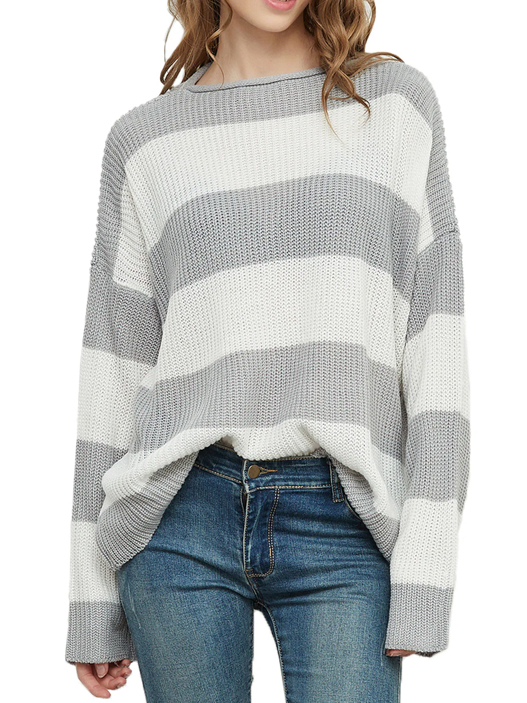 Striped Knitted Sweater Crew Neck Long Sleeve Casual Comfy Pullover Tops - Image 17