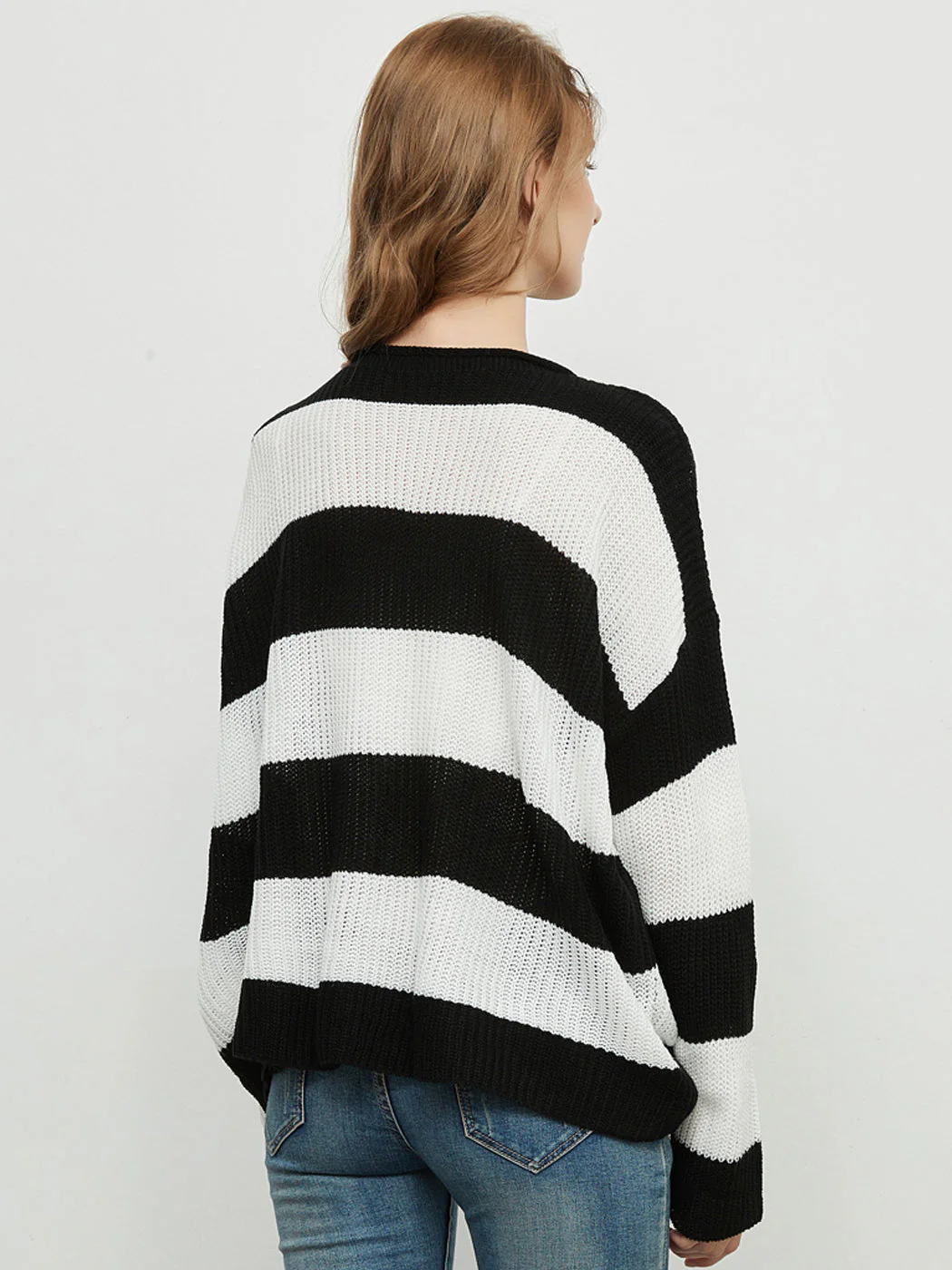Striped Knitted Sweater Crew Neck Long Sleeve Casual Comfy Pullover Tops - Image 2