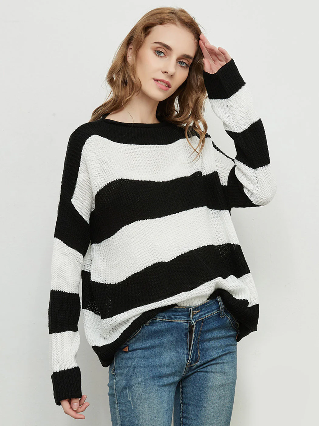 Striped Knitted Sweater Crew Neck Long Sleeve Casual Comfy Pullover Tops - Image 3