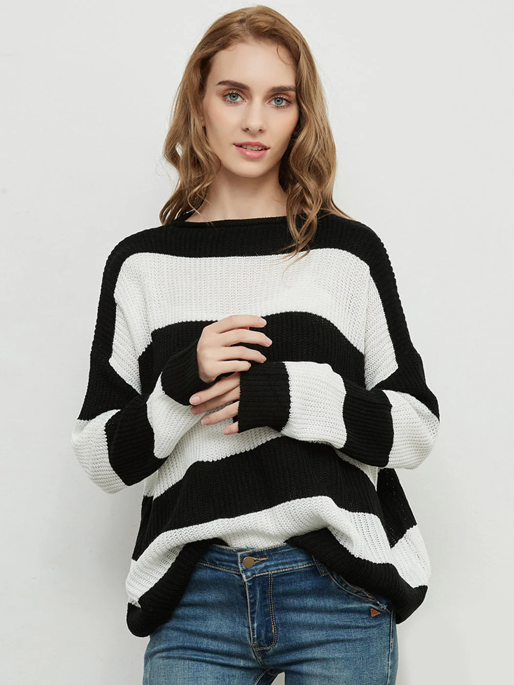 Striped Knitted Sweater Crew Neck Long Sleeve Casual Comfy Pullover Tops - Image 4