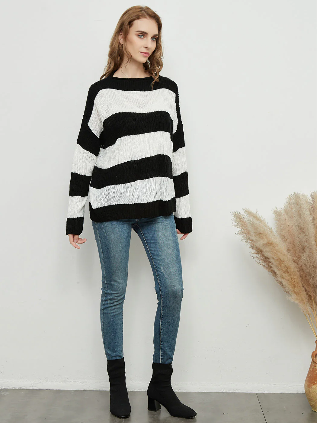 Striped Knitted Sweater Crew Neck Long Sleeve Casual Comfy Pullover Tops - Image 5