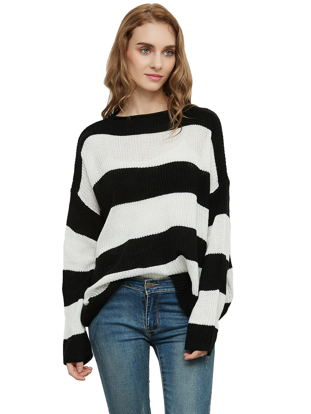 Striped Knitted Sweater Crew Neck Long Sleeve Casual Comfy Pullover Tops - Image 6