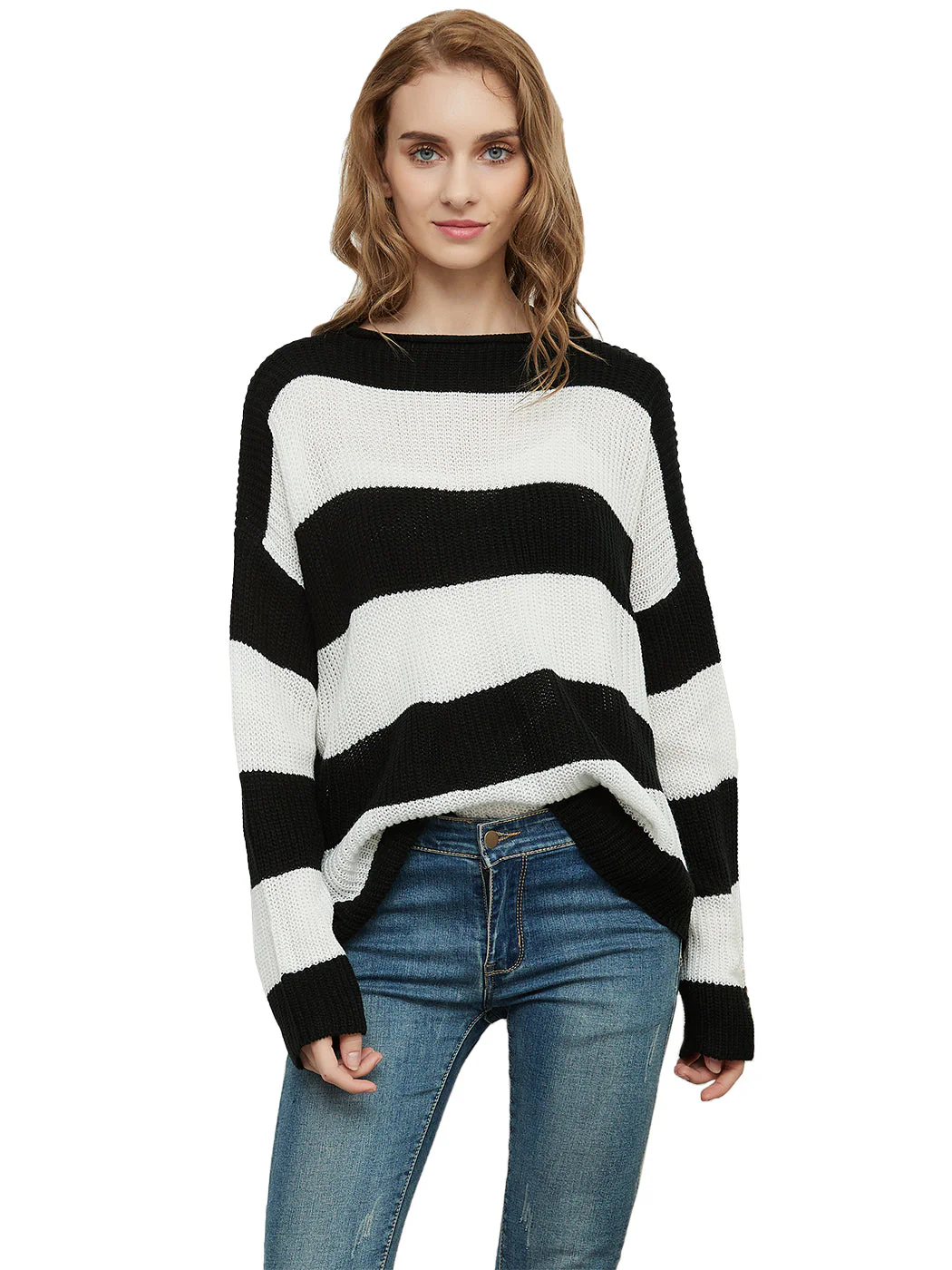 Striped Knitted Sweater Crew Neck Long Sleeve Casual Comfy Pullover Tops - Image 7