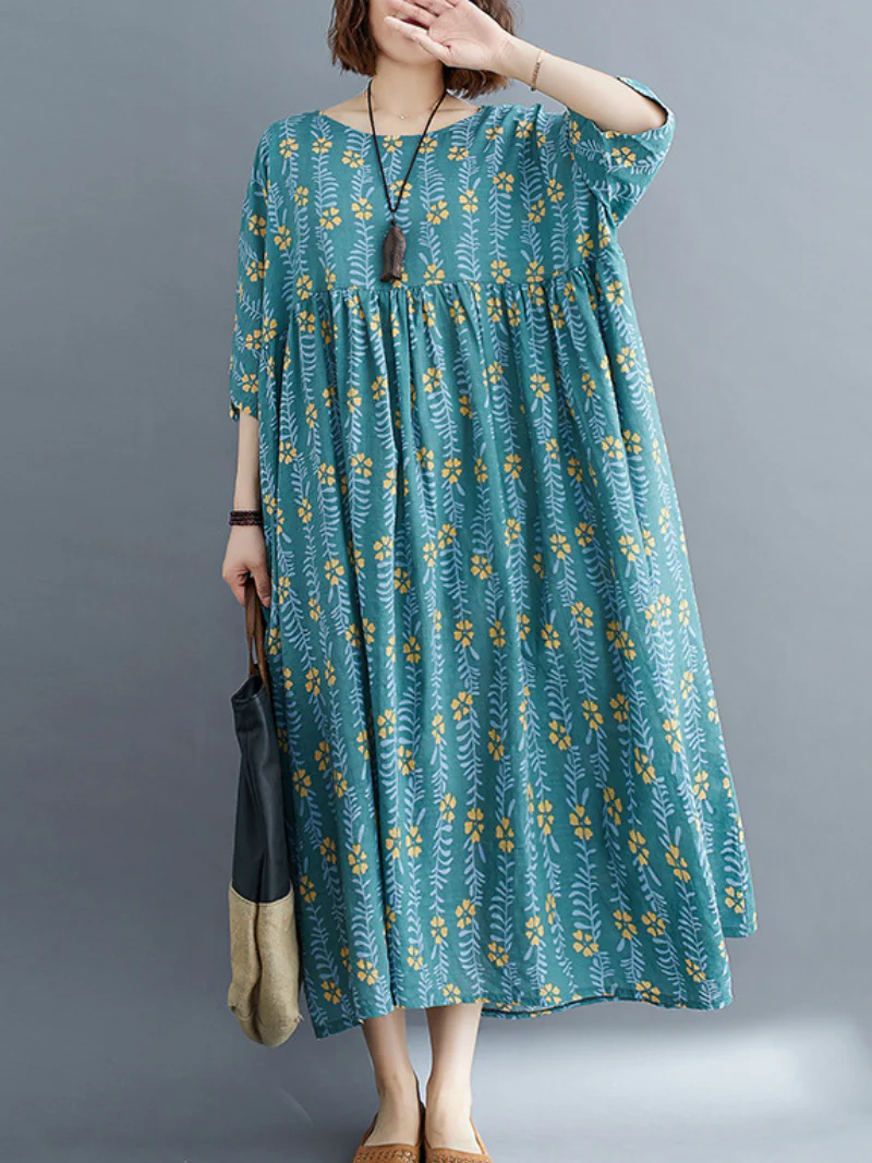 women summer loose round neck print short-sleeved plus size mid-length smocked dress
