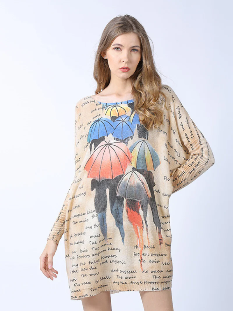 stylish midi length loose cartoon printing sweater Top