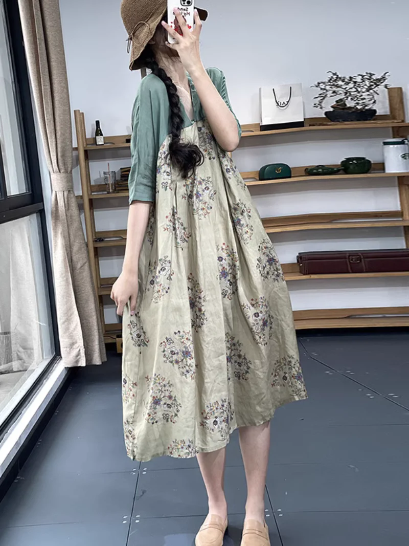 Stylish V-neck Retro Printing A-Line Dress