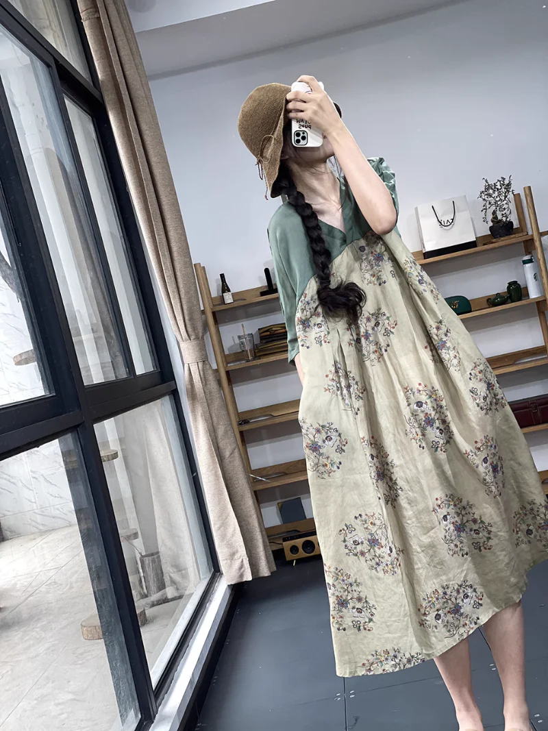 Stylish V-neck Retro Printing A-Line Dress - Image 2