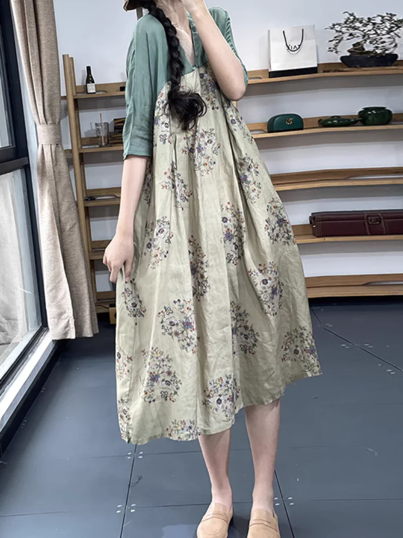 Stylish V-neck Retro Printing A-Line Dress - Image 4