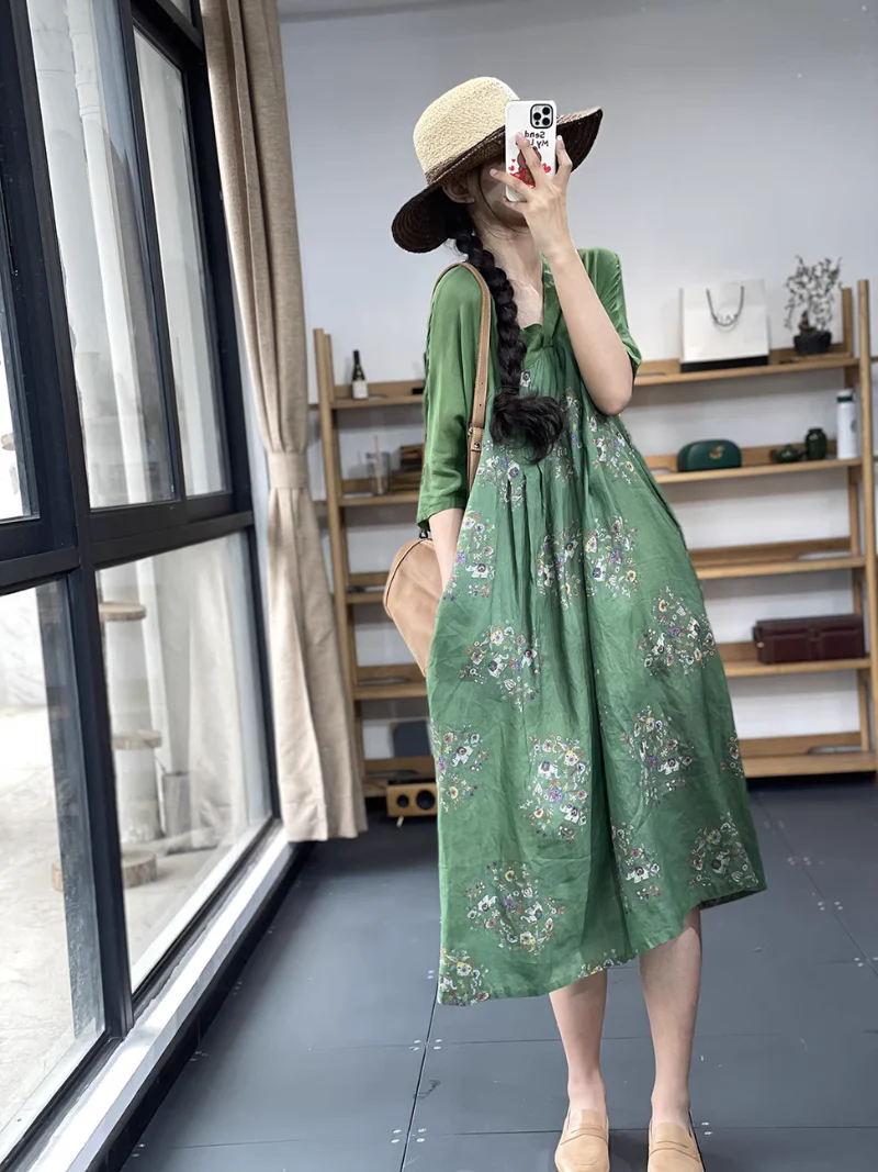 Stylish V-neck Retro Printing A-Line Dress - Image 5