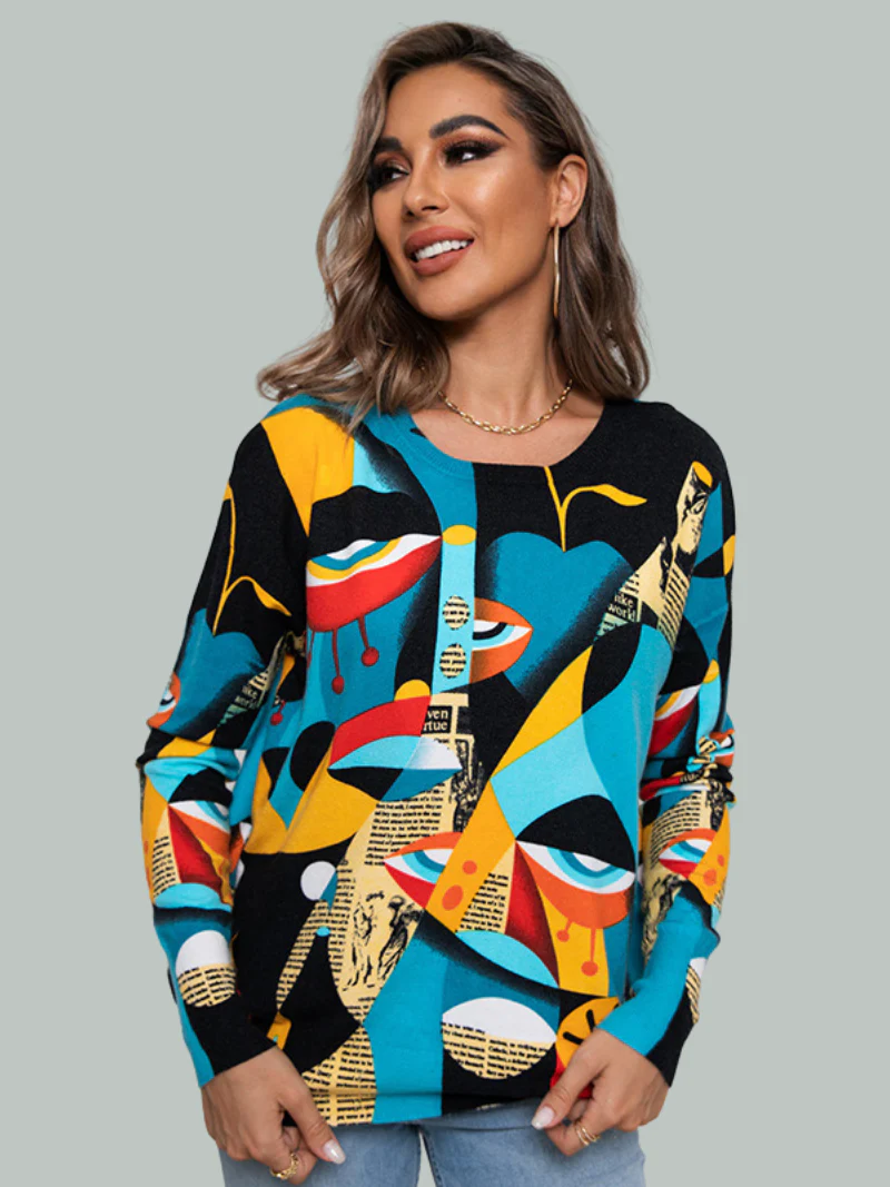 Autumn and Winter Printing Round Neck Pullover knitted TOP - Image 2