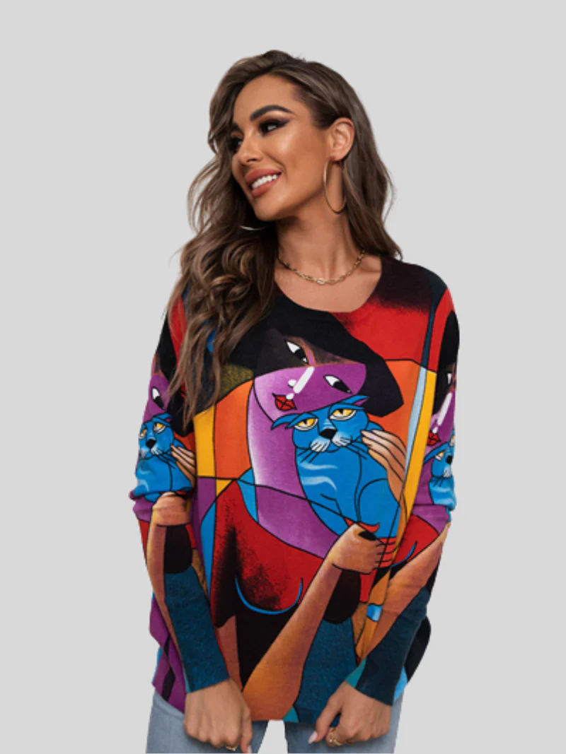 Autumn and Winter Round Neck Long-Sleeved Printed Tops