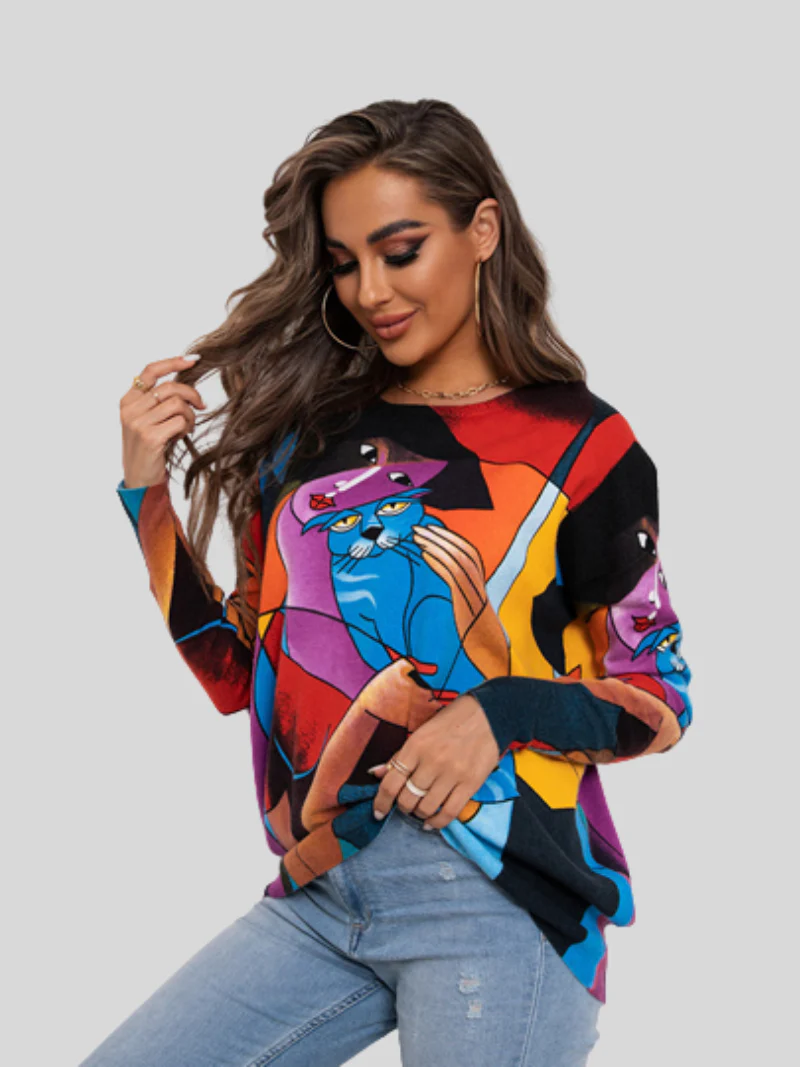 Autumn and Winter Round Neck Long-Sleeved Printed Tops - Image 2