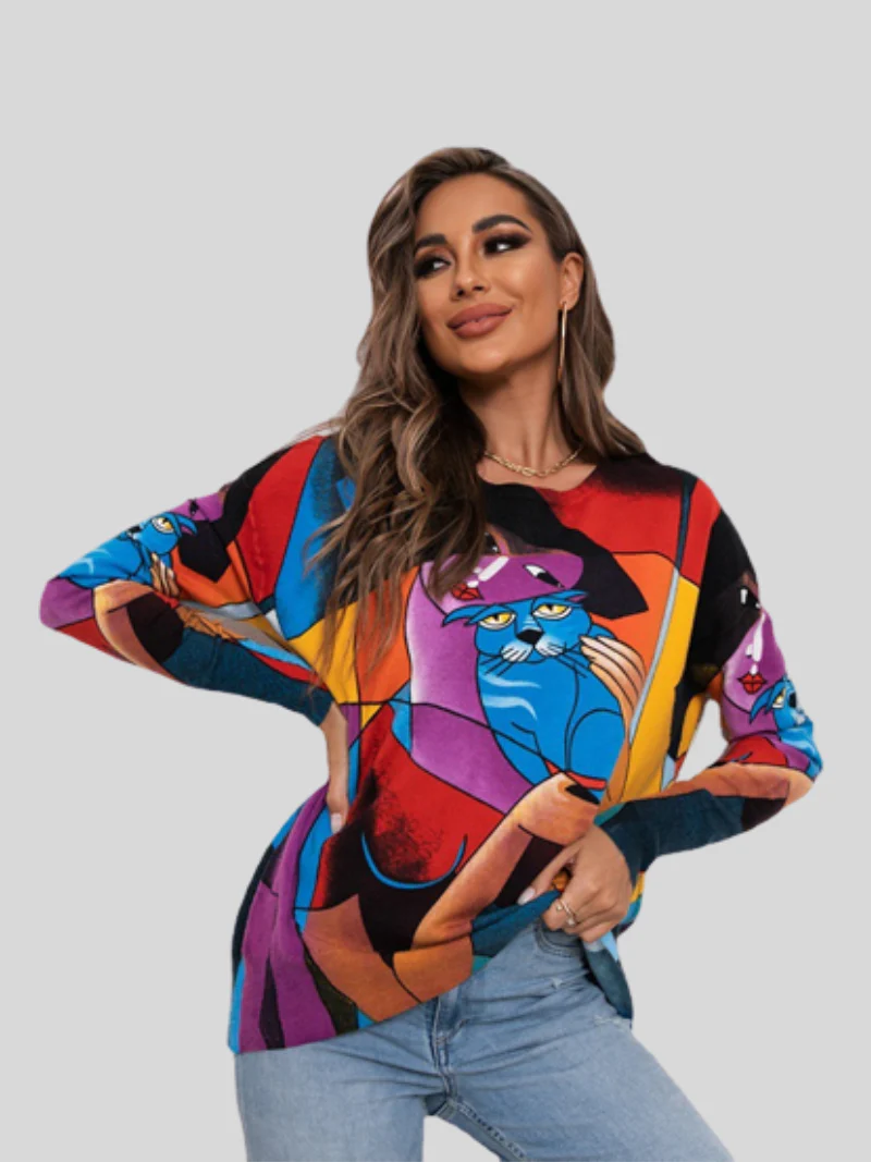 Autumn and Winter Round Neck Long-Sleeved Printed Tops - Image 4