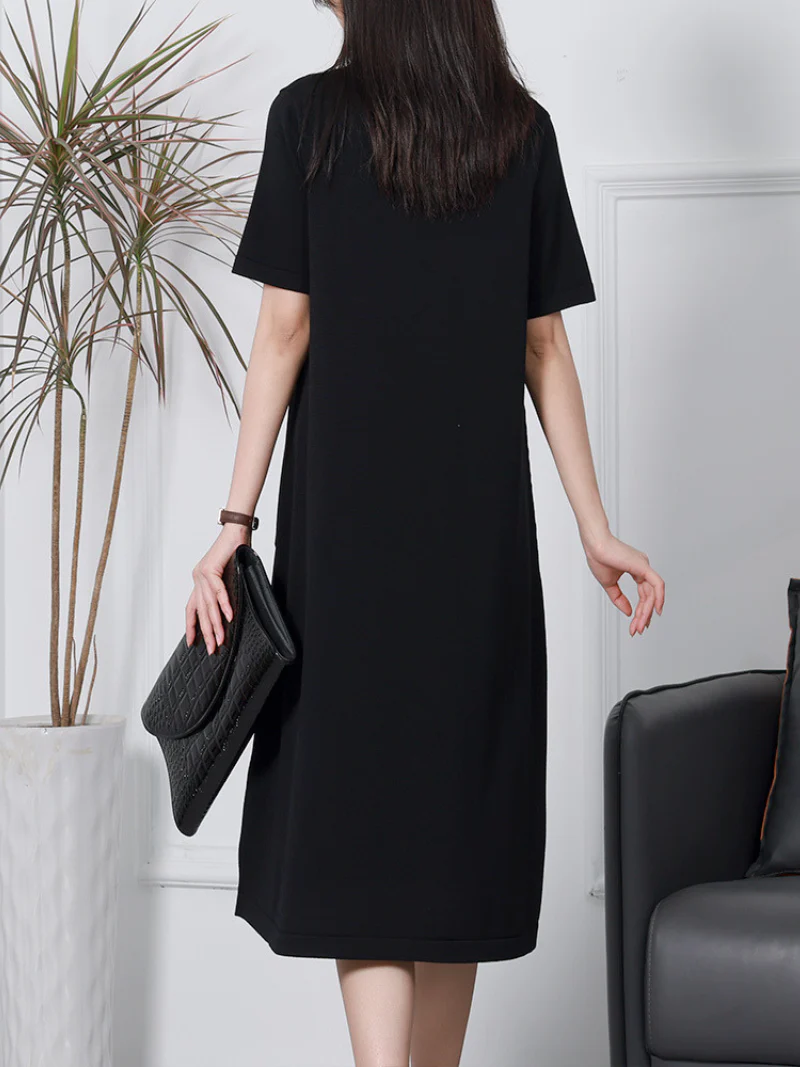 Stylish Short-sleeved V-neck Linen Knitted Midi-Dress - Image 4