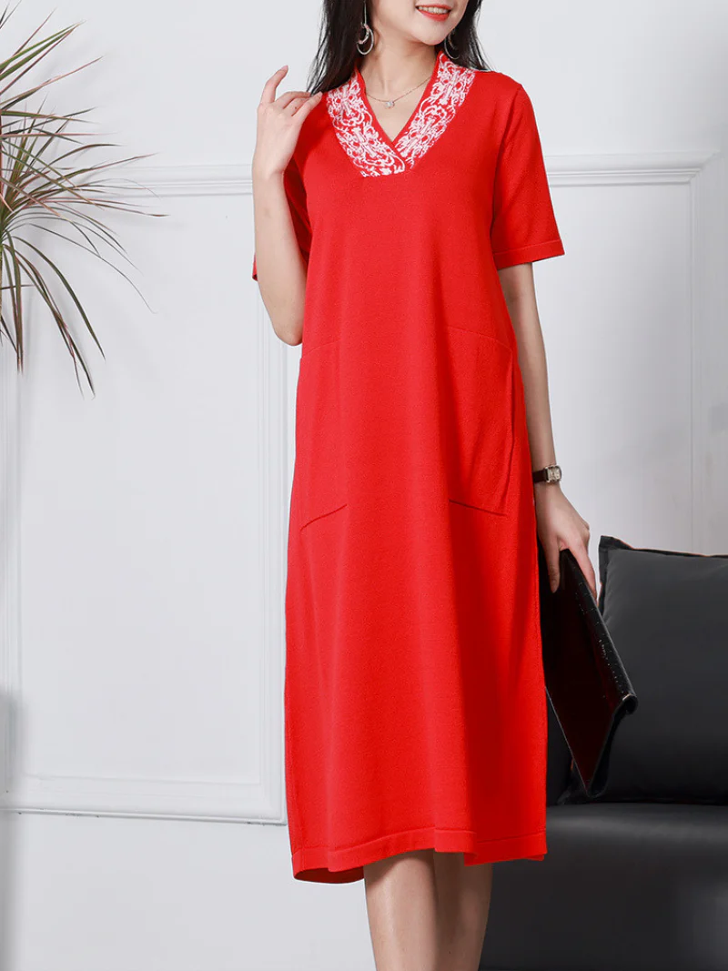 Stylish Short-sleeved V-neck Linen Knitted Midi-Dress - Image 6