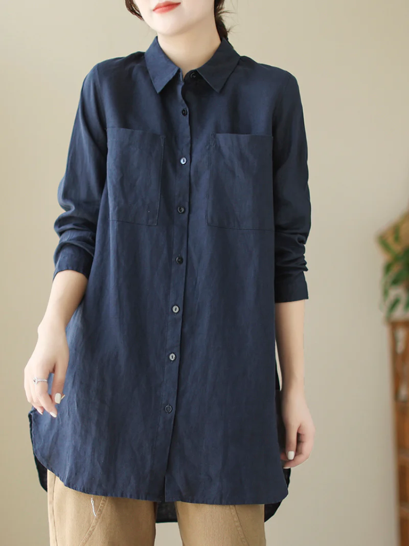Long-Sleeved Shirt Loose Mid-Length Button Shirt Top With Pocket