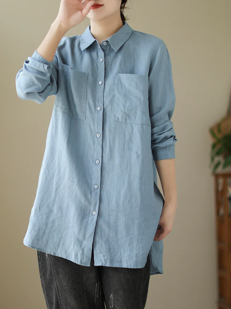 Long-Sleeved Shirt Loose Mid-Length Button Shirt Top With Pocket - Image 2