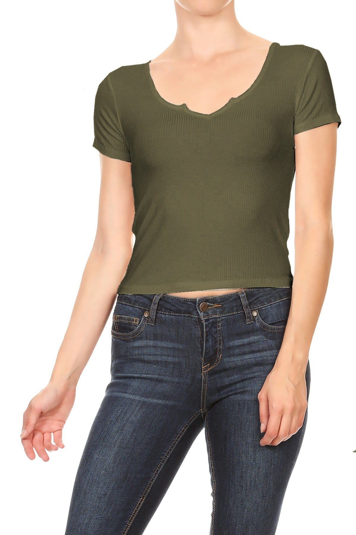 Womens Casual Rib Knit Short Sleeve V Neck Crop Top - Image 11