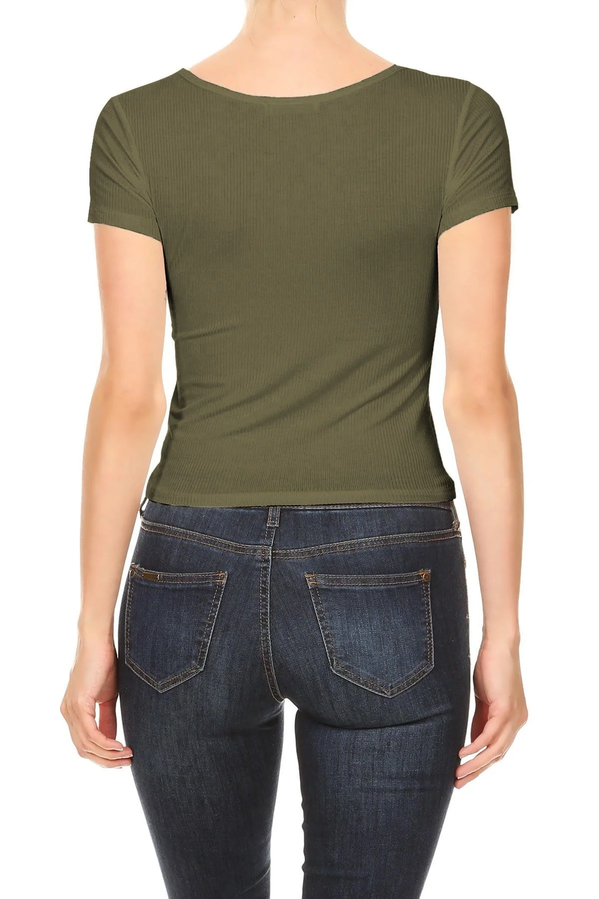 Womens Casual Rib Knit Short Sleeve V Neck Crop Top - Image 12
