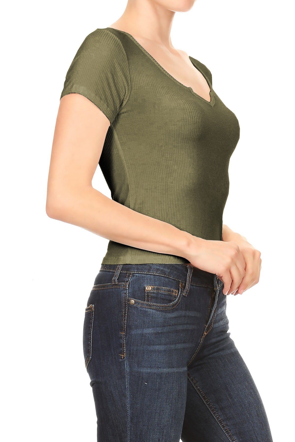 Womens Casual Rib Knit Short Sleeve V Neck Crop Top - Image 13