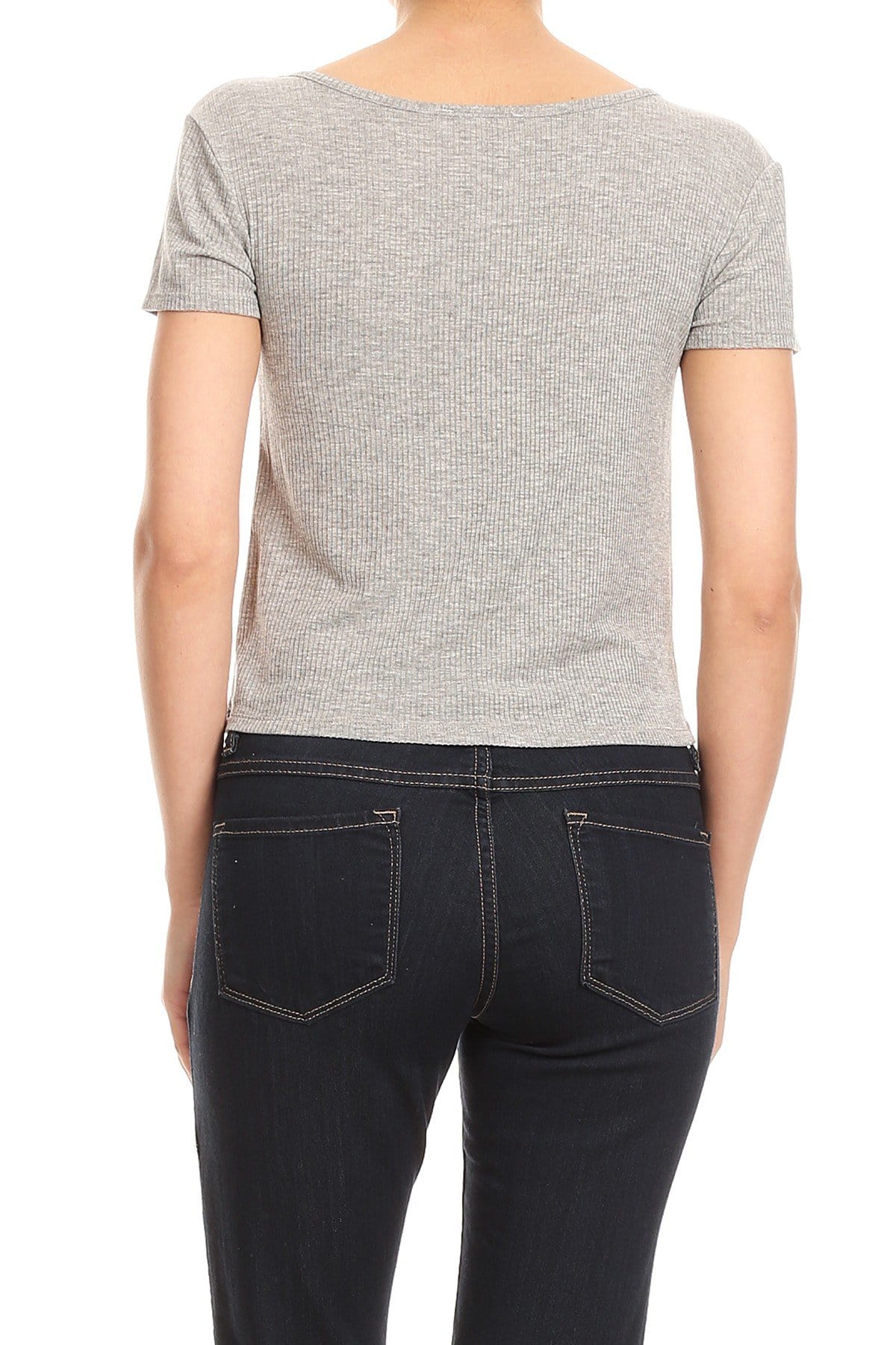 Womens Casual Rib Knit Short Sleeve V Neck Crop Top - Image 16