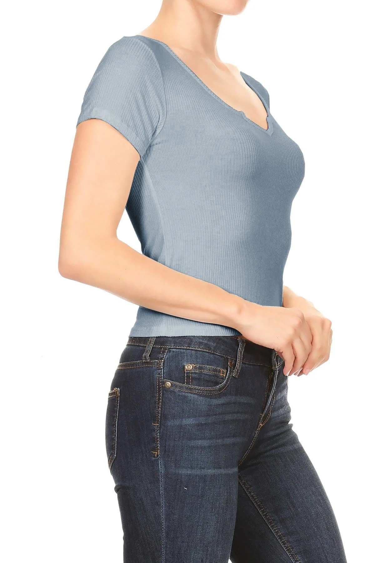 Womens Casual Rib Knit Short Sleeve V Neck Crop Top - Image 8