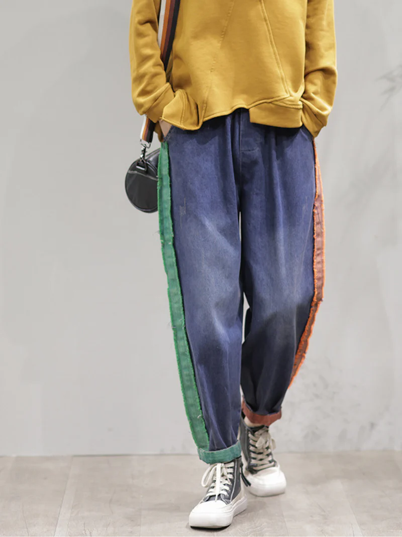 Vintage Loose Fit Patch Denim Bottom Jeans Pants - Image 2