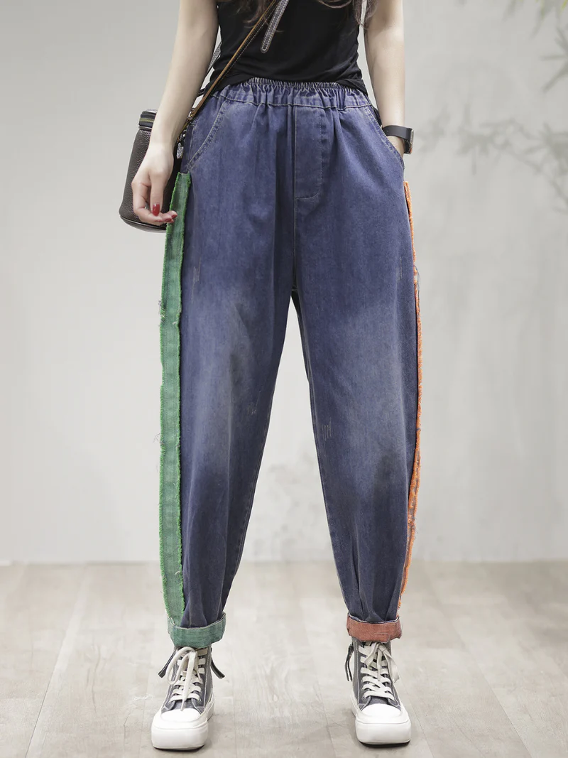Vintage Loose Fit Patch Denim Bottom Jeans Pants - Image 3