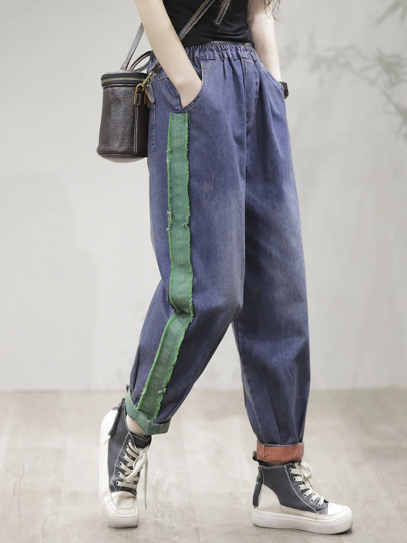 Vintage Loose Fit Patch Denim Bottom Jeans Pants - Image 4