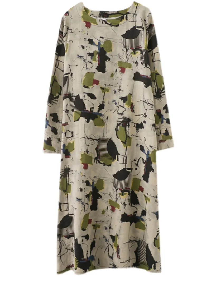 cotton and long-sleeved pring and summer with broken flowers A-line dress - Image 2