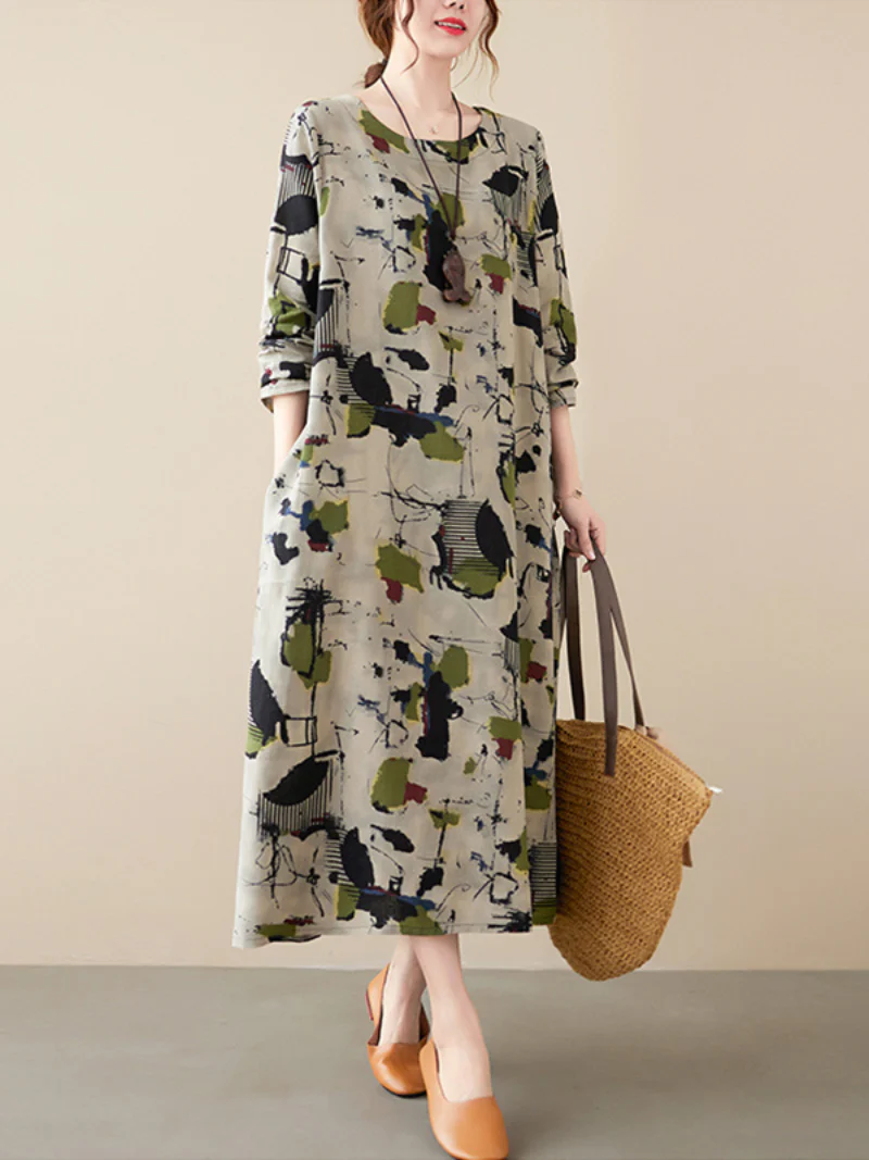 cotton and long-sleeved pring and summer with broken flowers A-line dress - Image 3