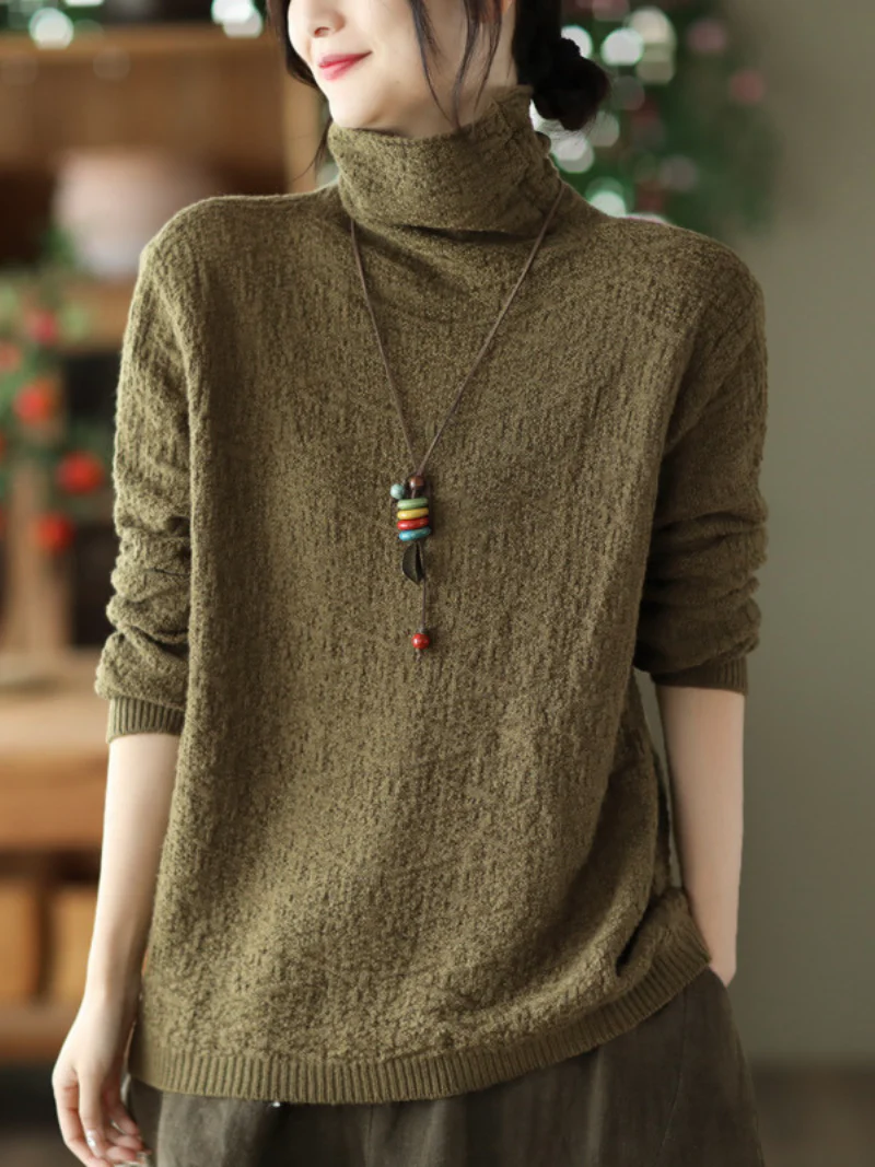 Double-knit Turtleneck Knitted Loose and Thin Pullover Top - Image 3