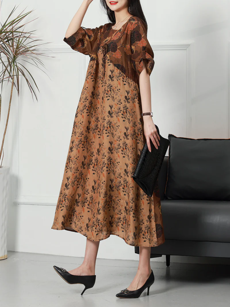 Printed Flower Short Sleeved Loose Waist Midi Dress - Image 2
