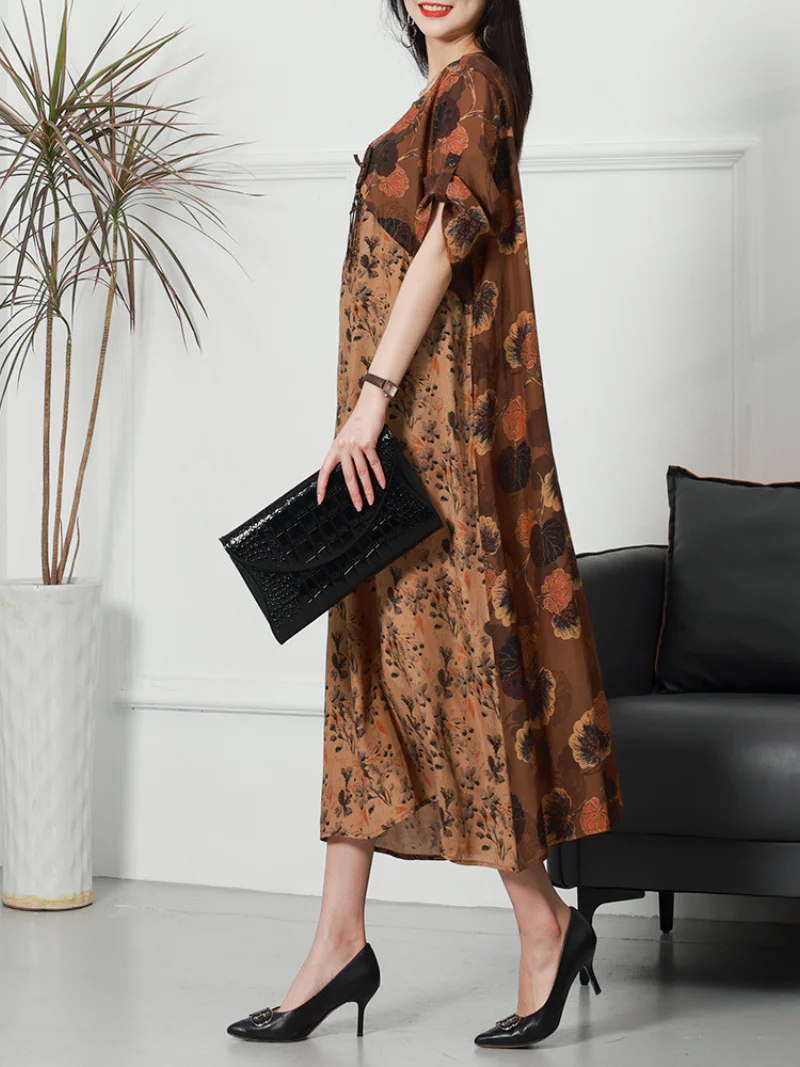 Printed Flower Short Sleeved Loose Waist Midi Dress - Image 3