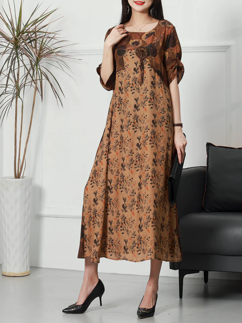 Printed Flower Short Sleeved Loose Waist Midi Dress - Image 5