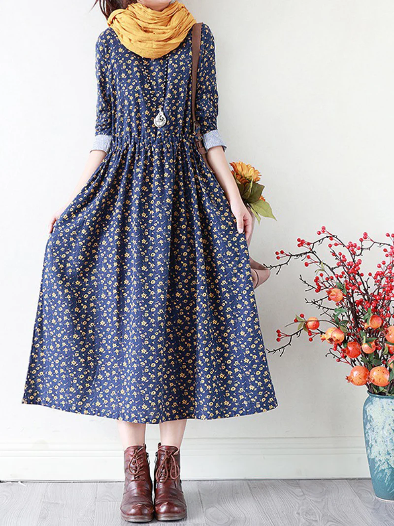 Floral Cotton Dress Loose Casual Pluz Size long-sleeved A-Line dress - Image 2