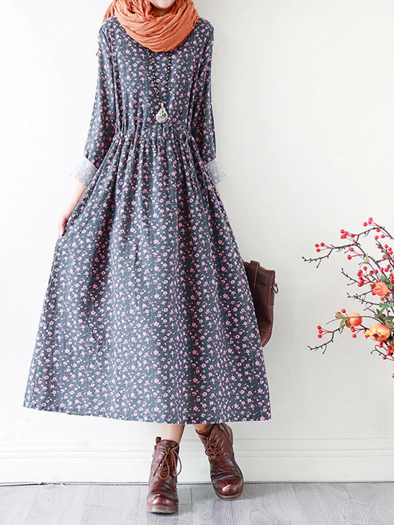 Floral Cotton Dress Loose Casual Pluz Size long-sleeved A-Line dress - Image 3