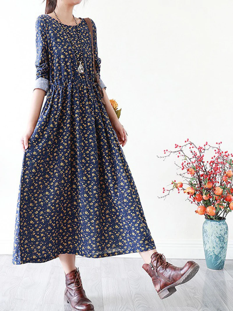 Floral Cotton Dress Loose Casual Pluz Size long-sleeved A-Line dress - Image 4