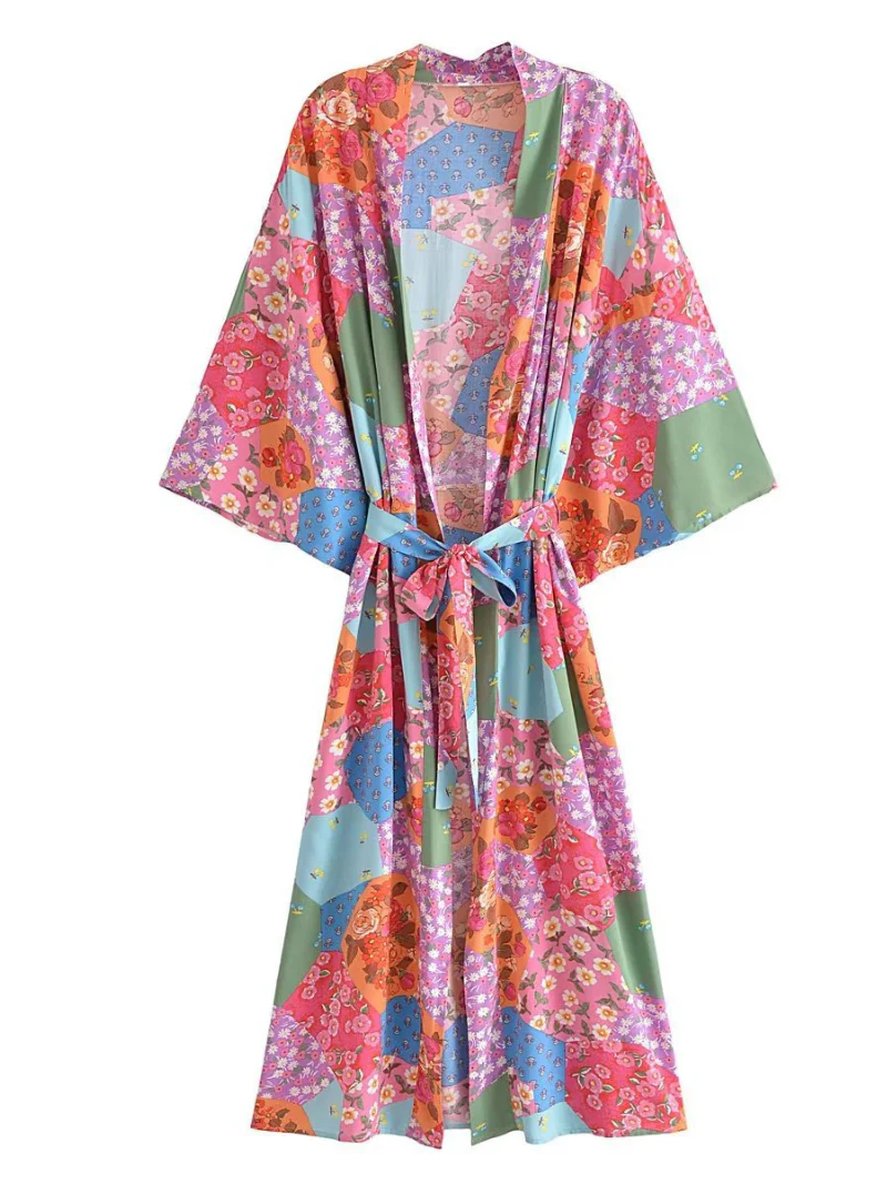 printing long belt stylish kimono cardigan jacket dress - Image 2