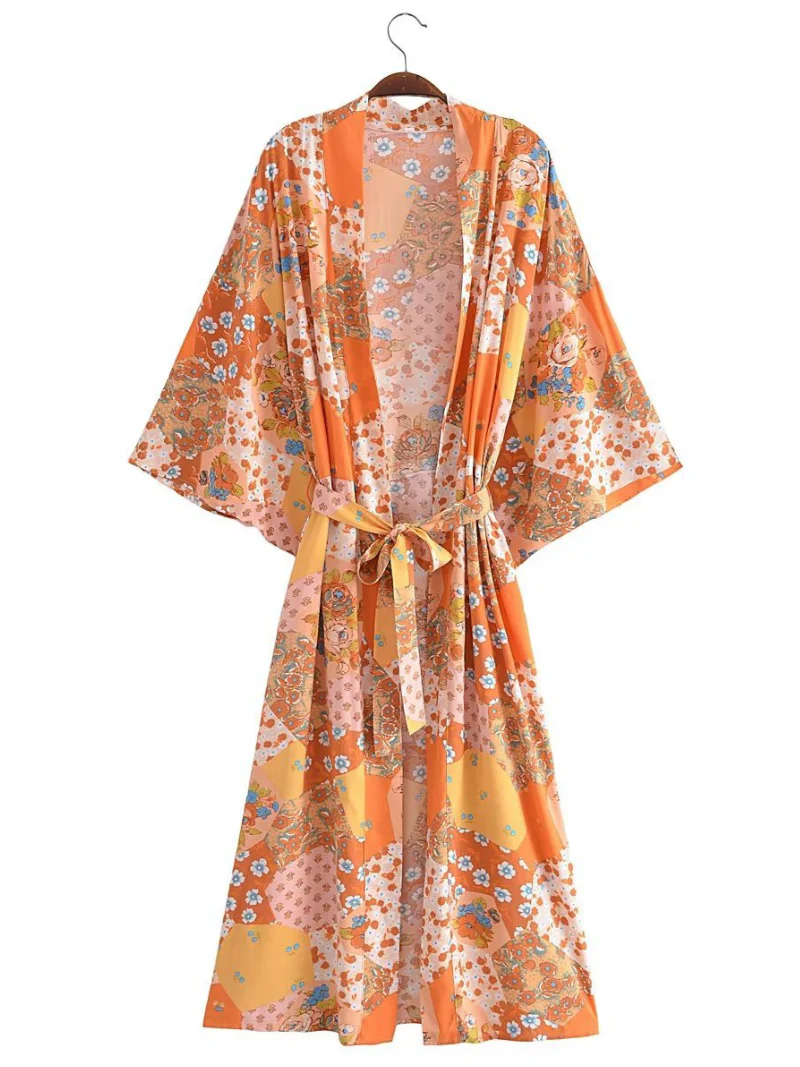 printing long belt stylish kimono cardigan jacket dress - Image 3