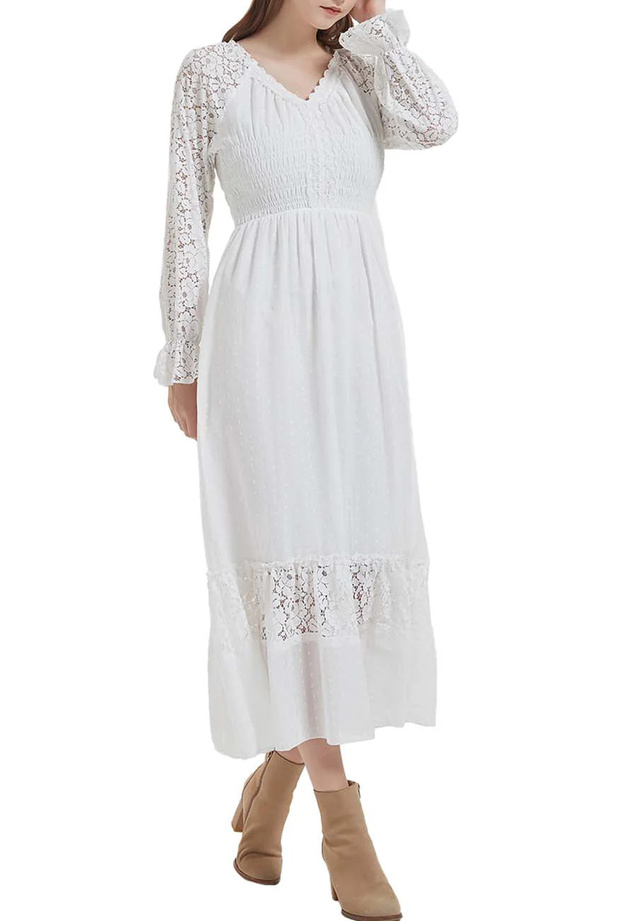 Womens Lace Long Sleeve V Neck Fall Maxi Dress - Image 12