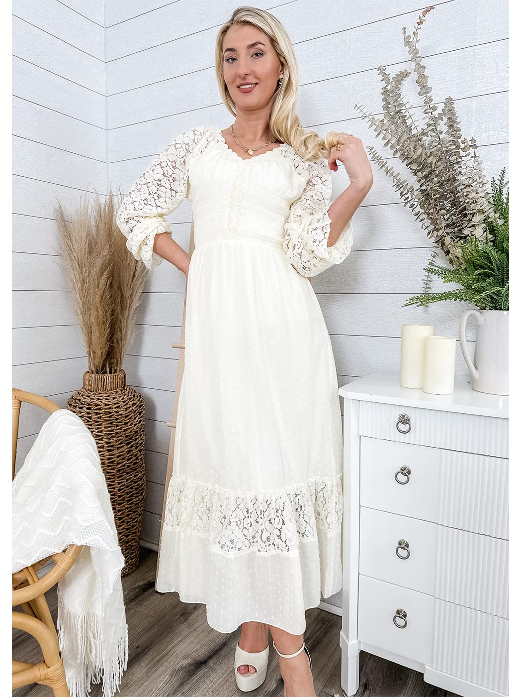 Womens Lace Long Sleeve V Neck Fall Maxi Dress - Image 2