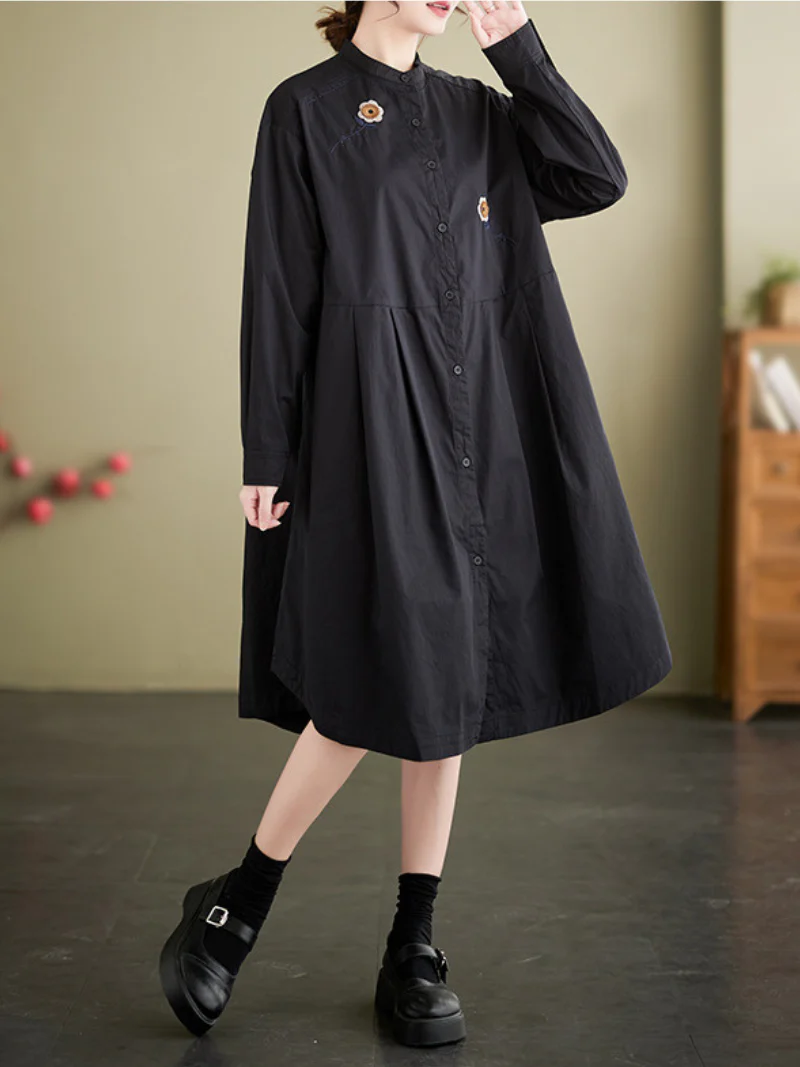 Embroided Loose Stand-Up Collar Shirt Dress - Image 2
