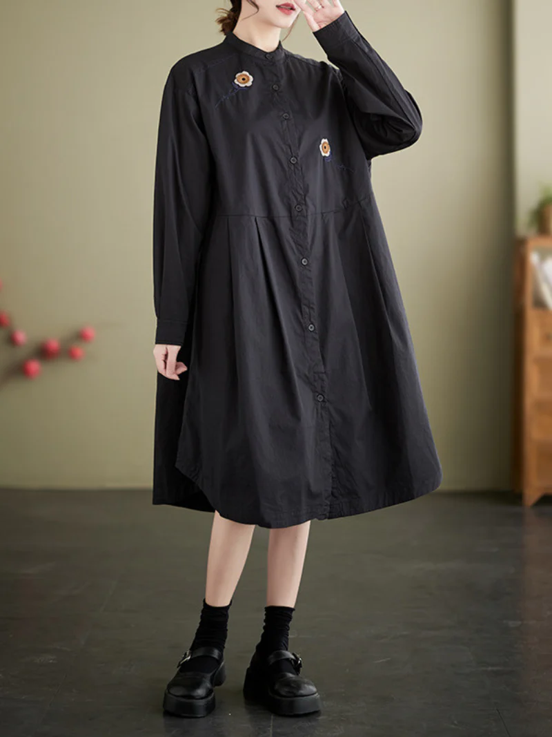 Embroided Loose Stand-Up Collar Shirt Dress - Image 3