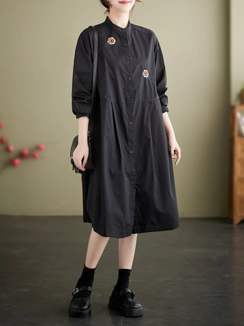 Embroided Loose Stand-Up Collar Shirt Dress - Image 5