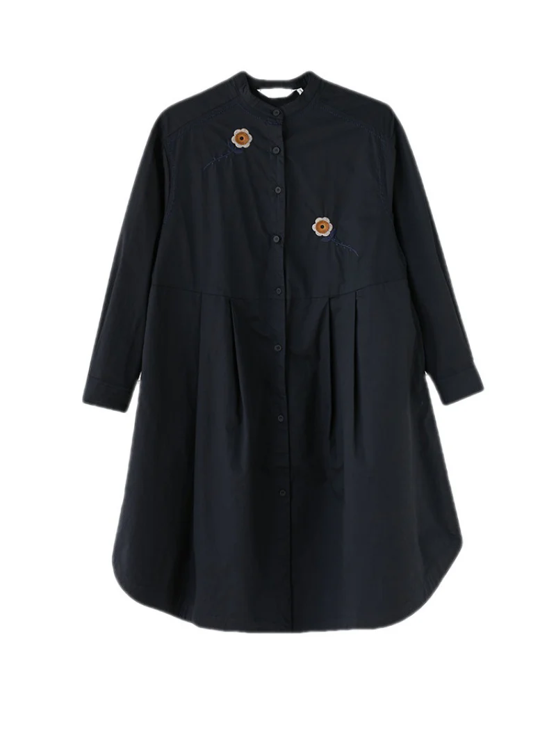 Embroided Loose Stand-Up Collar Shirt Dress - Image 7