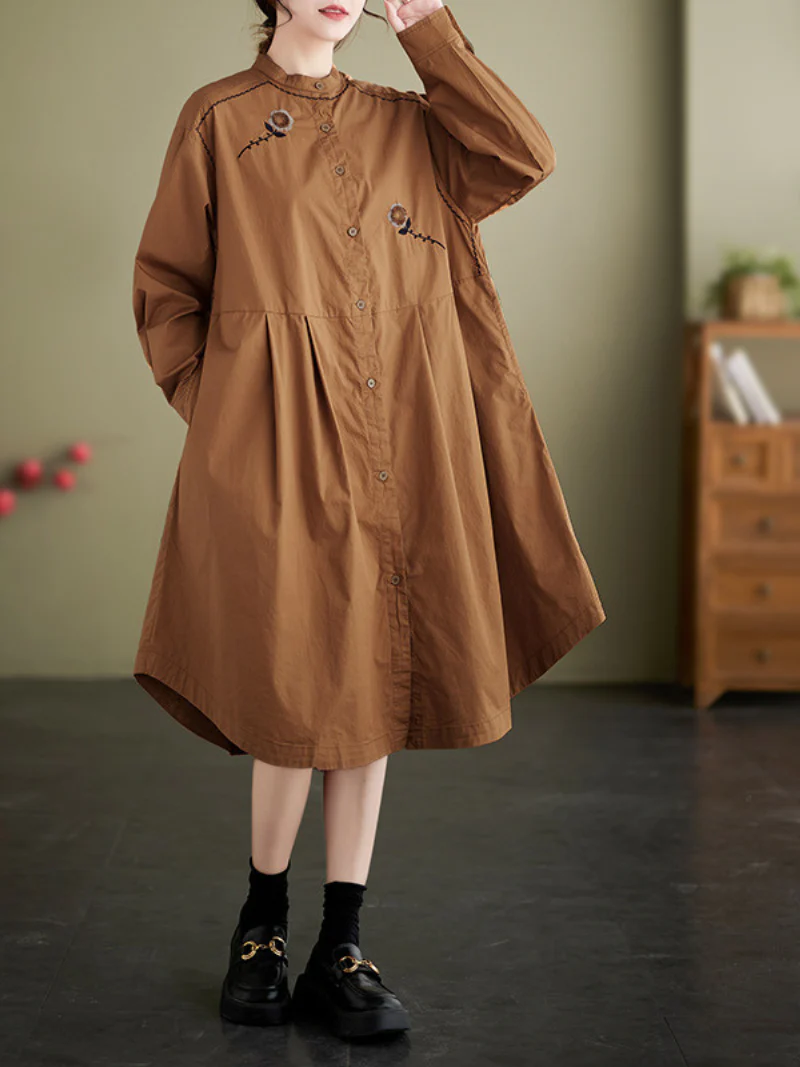 Embroided Loose Stand-Up Collar Shirt Dress - Image 8