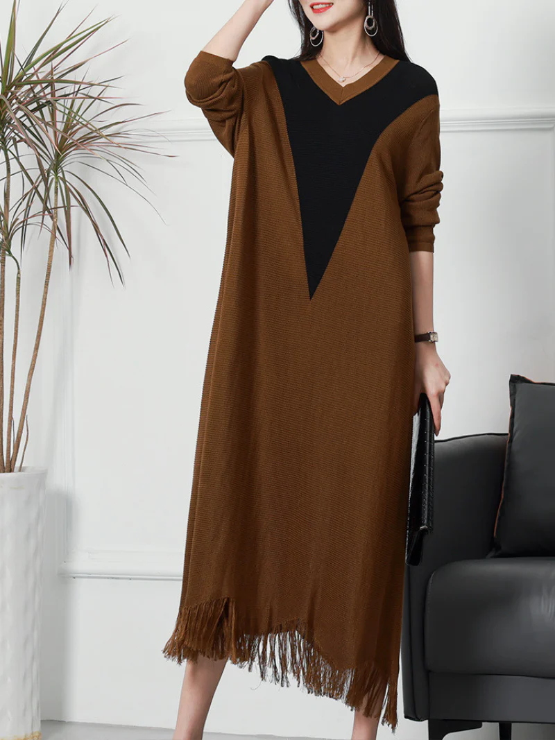 Spring Fit and Flare Loose Round Neck Knitted Midi-Dress - Image 3