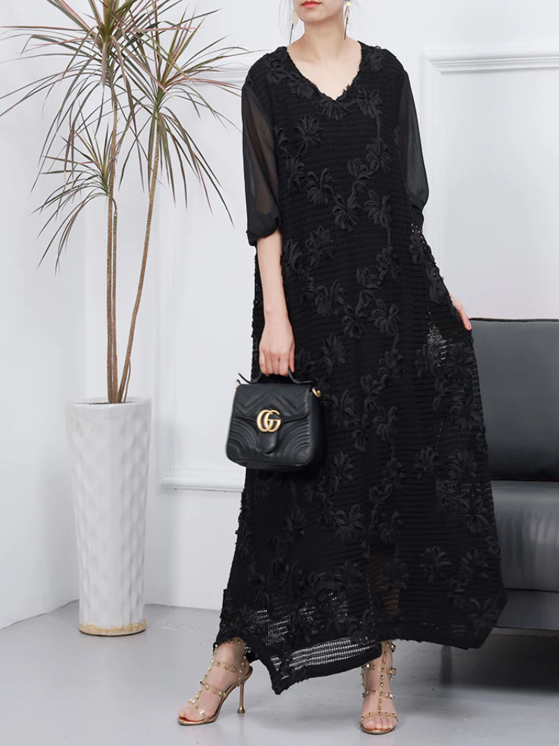 Female Spring Long Sleeves Flower Embroidery Style A-Line Party Dress - Image 3